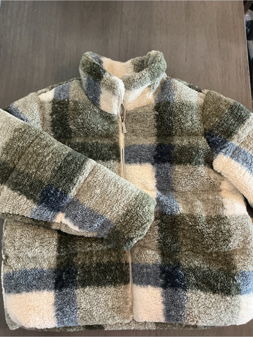 BearPaw Women’s Plaid Sherpa Fleece Puffer Jacket Olive/Blue/Ecru Size XL
